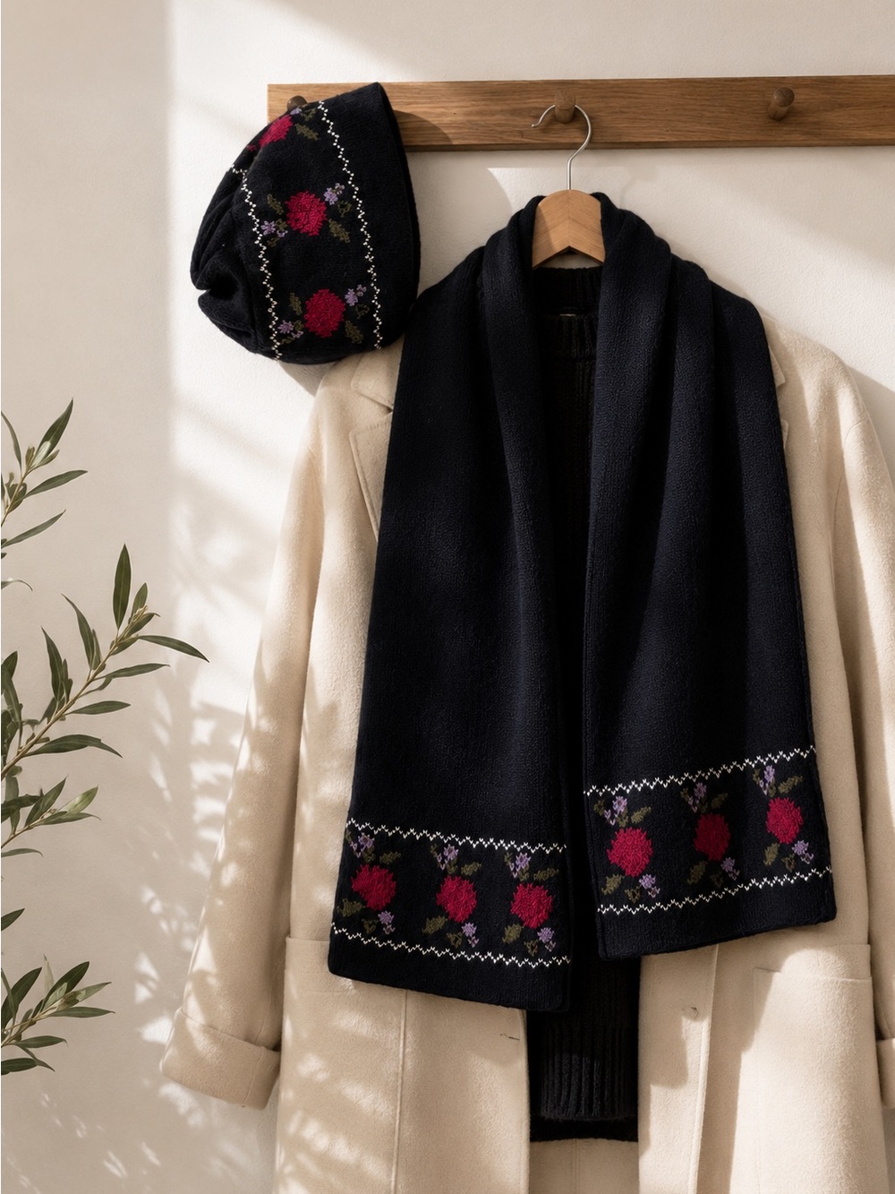 Vintage Wool Floral Embroidered Scarf & Hat